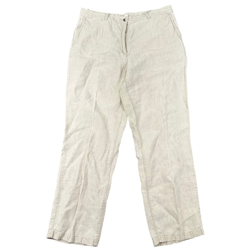 LL Bean Straight Leg Pants Womens Size 16 Tall 100% Linen Oatmeal Beige